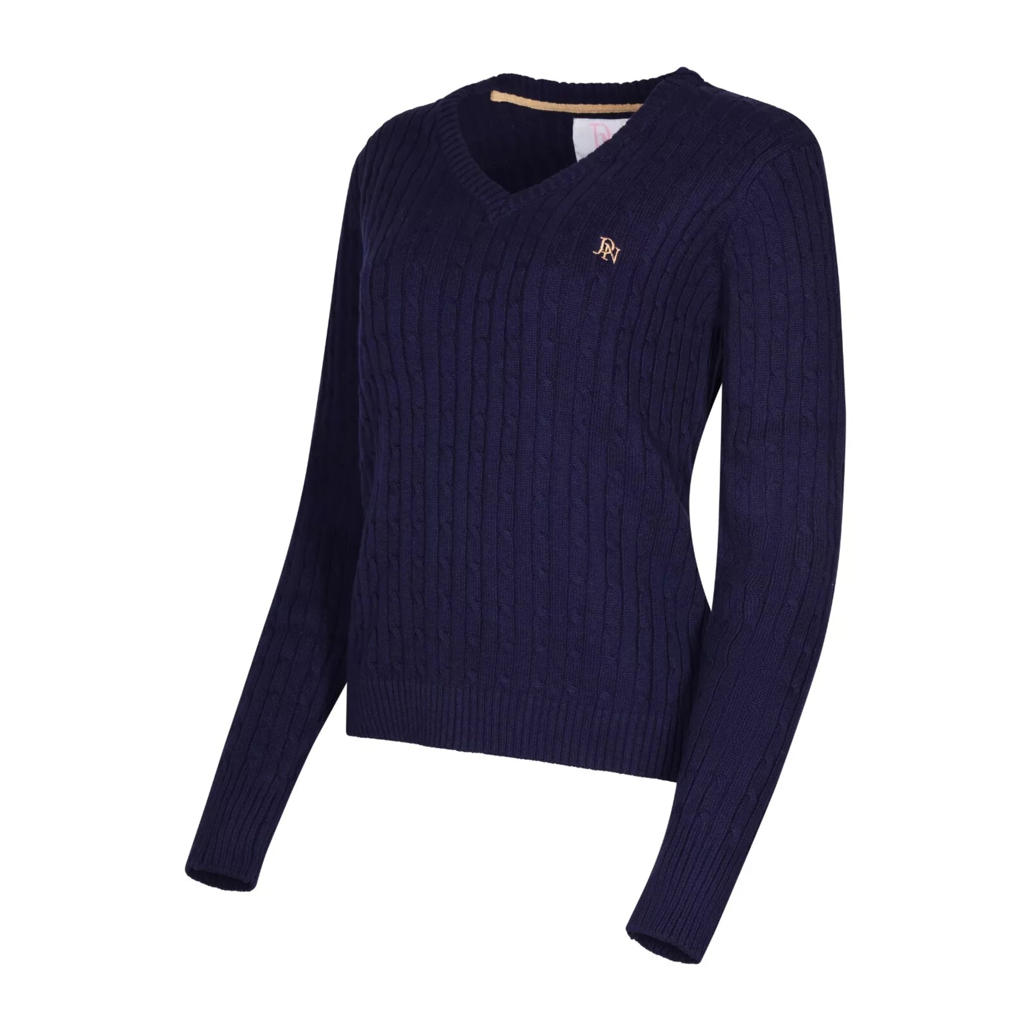 Ladies JDN navy blue V-neck cable knit jumper with long sleeves and embroidered chest logo